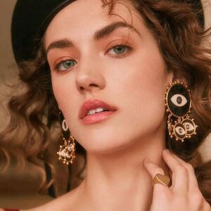 Mati Nazar Black Gold Evil Eye Statement Earrings { NWOT